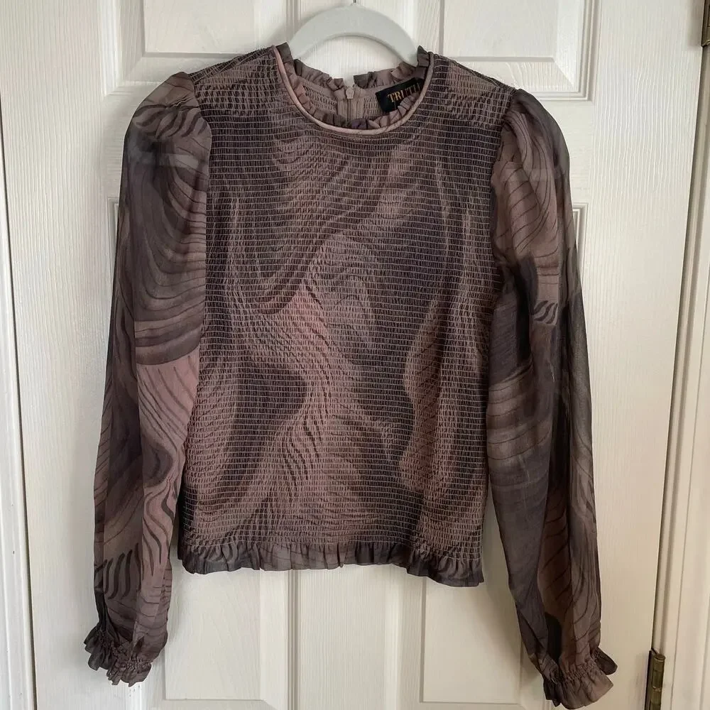 Truth By Republic NWT *FLAW* Smocked Blouse Top Sz M Sheer Long Sleeves Brown - Picture 3 of 14